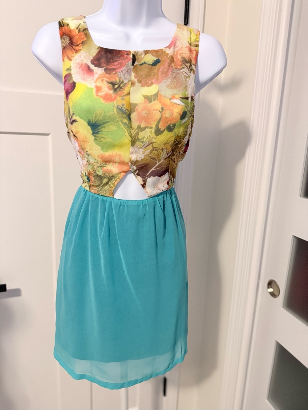 Floral Yellow & Teal Cutout Mini Dress
